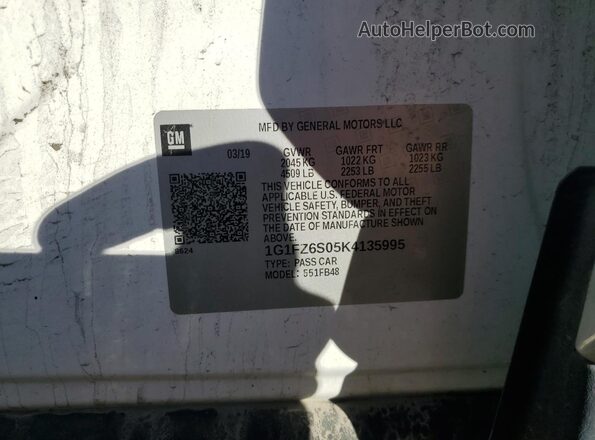 1G1FZ6S05K4135995 2019 CHEVROLET BOLT White VIN sticker view
