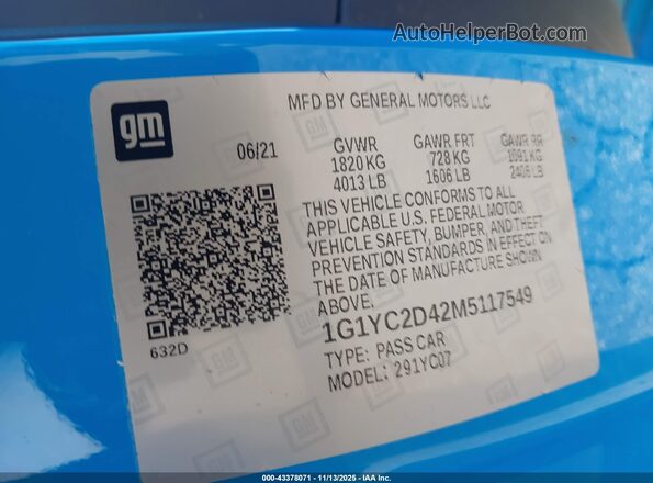 1G1YC2D42M5117549 2021 CHEVROLET CORVETTE Blue Շարժիչի բաժամունքի տեսք