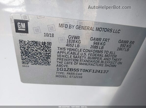 1G1ZB5ST0KF124137 2019 CHEVROLET MALIBU White ძრავის განყოფილების ხედი