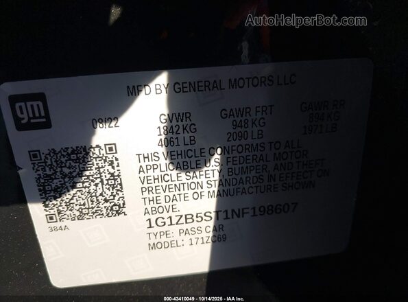 1G1ZB5ST1NF198607 2022 CHEVROLET MALIBU Black Widok komory silnika