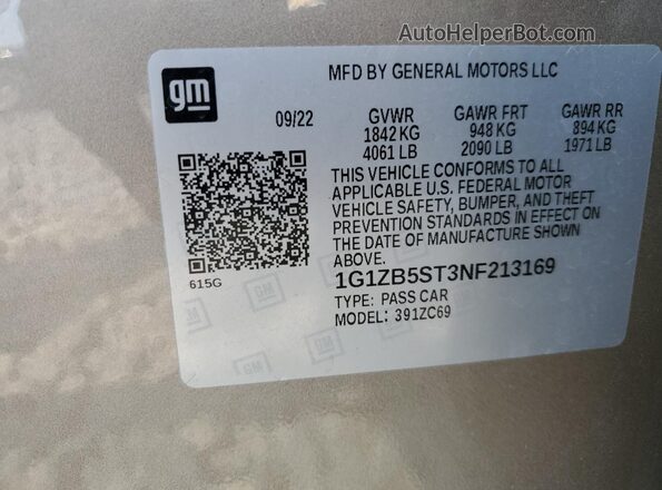 1G1ZB5ST3NF213169 2022 CHEVROLET MALIBU Beige Вид наклейки з VIN-кодом