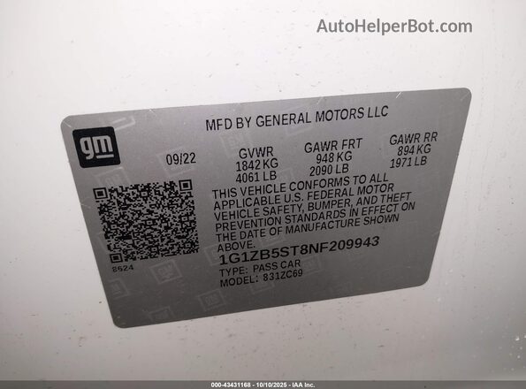 1G1ZB5ST8NF209943 2022 CHEVROLET MALIBU Белый Вид подкапотного пространства