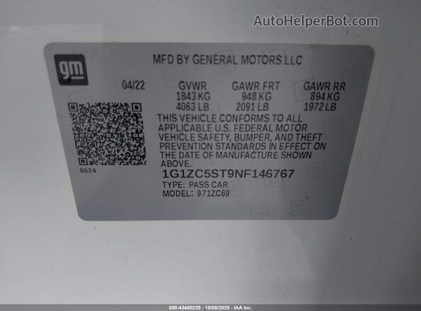1G1ZC5ST9NF146767 2022 CHEVROLET MALIBU Белый Вид подкапотного пространства