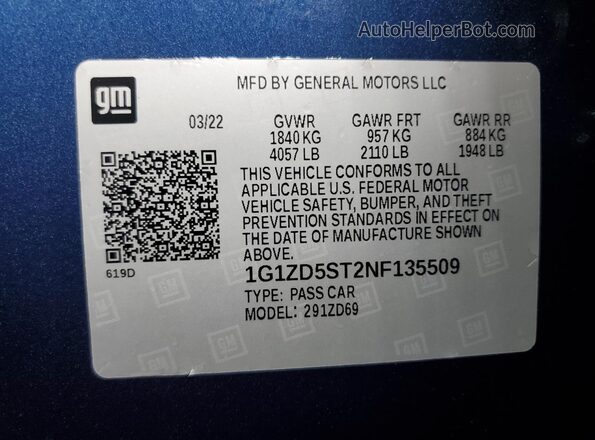 1G1ZD5ST2NF135509 2022 CHEVROLET MALIBU Blue Widok naklejki z numerem VIN