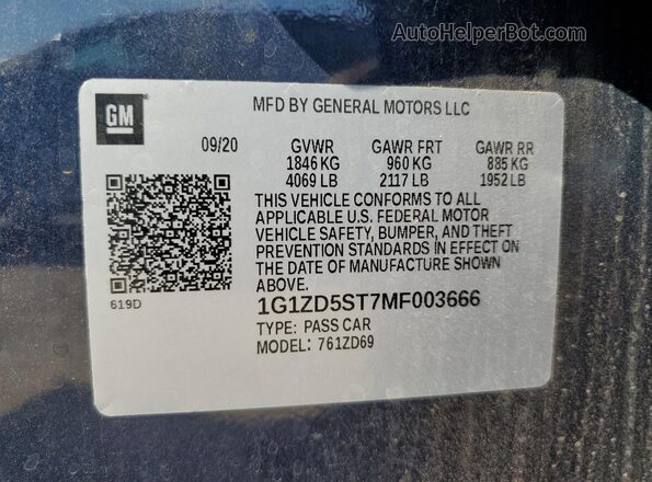 1G1ZD5ST7MF003666 2021 CHEVROLET MALIBU Blue 