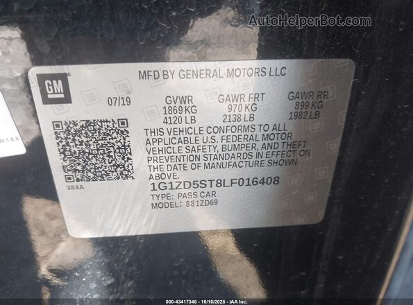 1G1ZD5ST8LF016408 2020 CHEVROLET MALIBU Black Vista del compartimento del motor