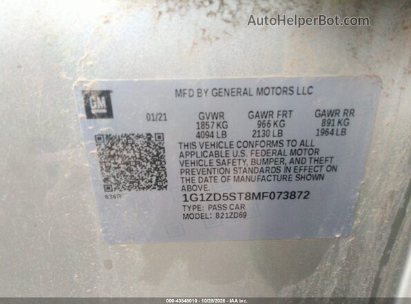 1G1ZD5ST8MF073872 2021 CHEVROLET MALIBU Silver Вид підкапотного простору