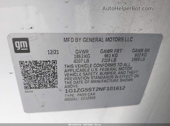 1G1ZG5ST2NF101612 2022 CHEVROLET MALIBU White Widok komory silnika