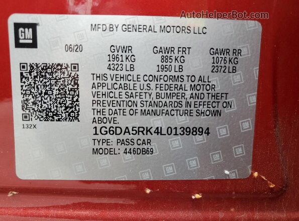 1G6DA5RK4L0139894 2020 CADILLAC CT4 Red ძრავის განყოფილების ხედი