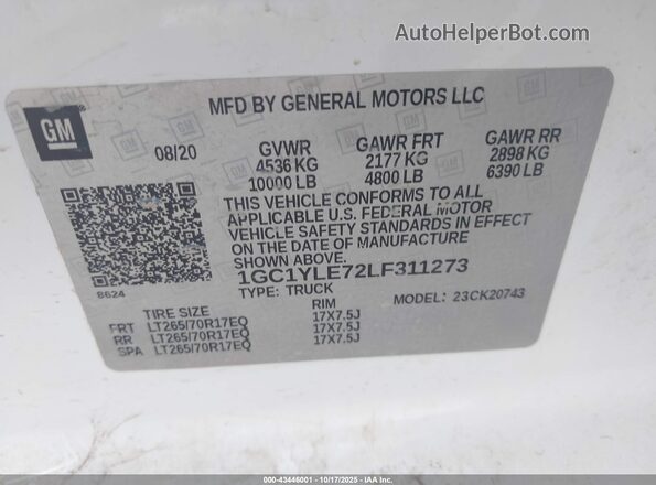 1GC1YLE72LF311273 2020 CHEVROLET SILVERADO White Вид наклейки з VIN-кодом