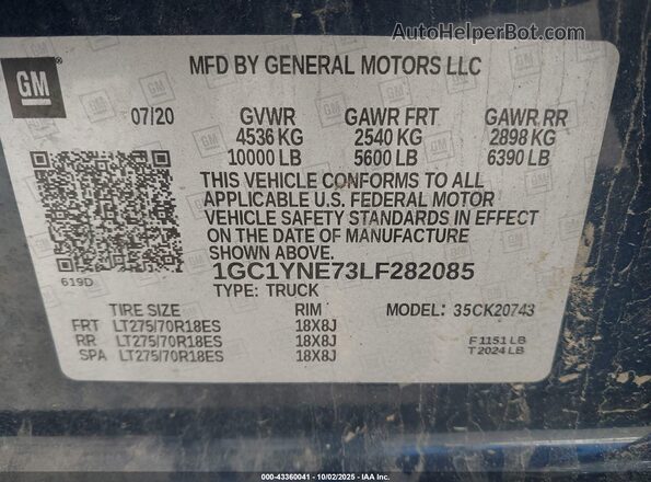 1GC1YNE73LF282085 2020 CHEVROLET SILVERADO Blue Vista del compartimento del motor
