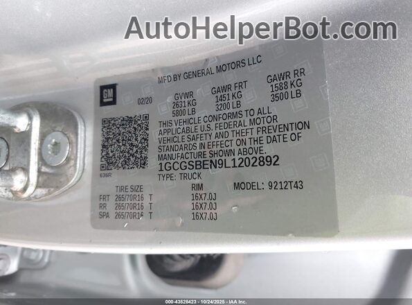 1GCGSBEN9L1202892 2020 CHEVROLET COLORADO Серебряный Вид подкапотного пространства