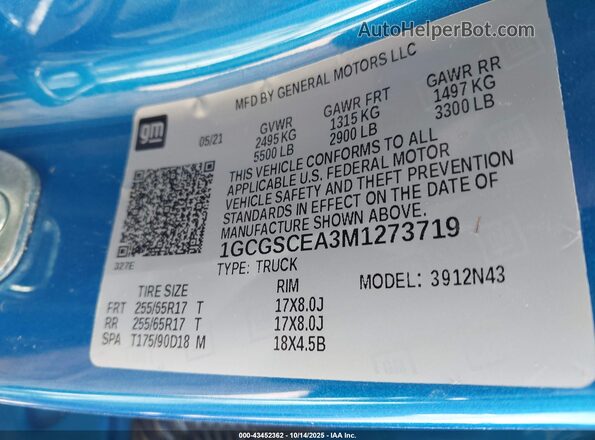 1GCGSCEA3M1273719 2021 CHEVROLET COLORADO Бирюзовый 