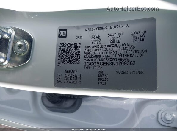 1GCGSCEN3N1209362 2022 CHEVROLET COLORADO White Вид підкапотного простору