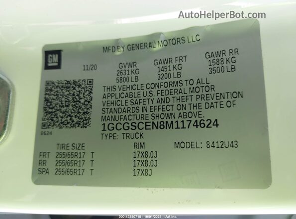 1GCGSCEN8M1174624 2021 CHEVROLET COLORADO White 