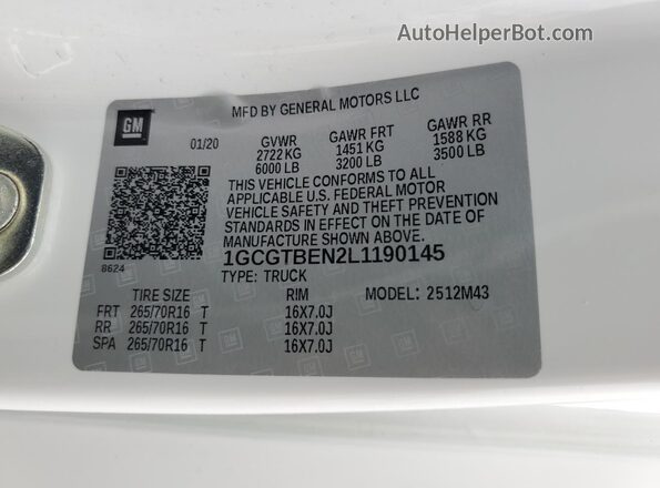 1GCGTBEN2L1190145 2020 CHEVROLET COLORADO White Engine compartment view