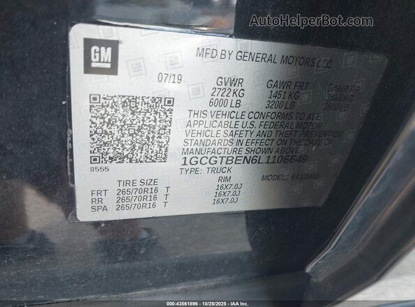 1GCGTBEN6L1106649 2020 CHEVROLET COLORADO Black Vista del compartimento del motor