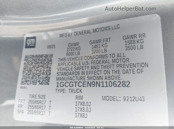 1GCGTCEN9N1106282 2022 CHEVROLET COLORADO Gray Вид підкапотного простору