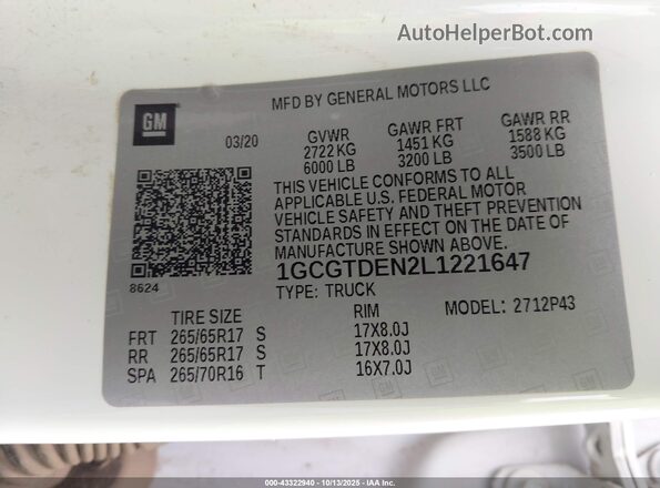 1GCGTDEN2L1221647 2020 CHEVROLET COLORADO White Вид підкапотного простору