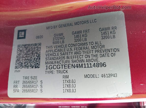 1GCGTEEN4M1114896 2021 CHEVROLET COLORADO Maroon Vista del compartimento del motor