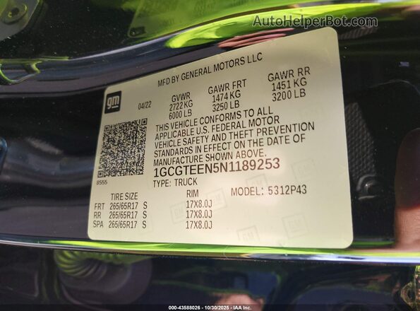 1GCGTEEN5N1189253 2022 CHEVROLET COLORADO Black Вид підкапотного простору