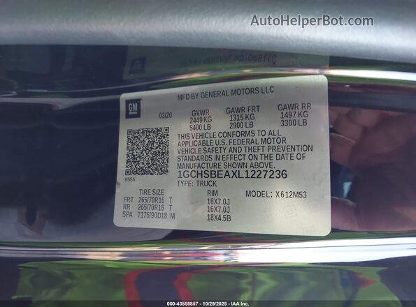 1GCHSBEAXL1227236 2020 CHEVROLET COLORADO Black Vista del compartimento del motor