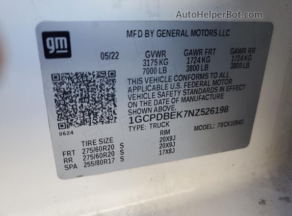 1GCPDBEK7NZ526198 2022 CHEVROLET SILVERADO White Widok komory silnika