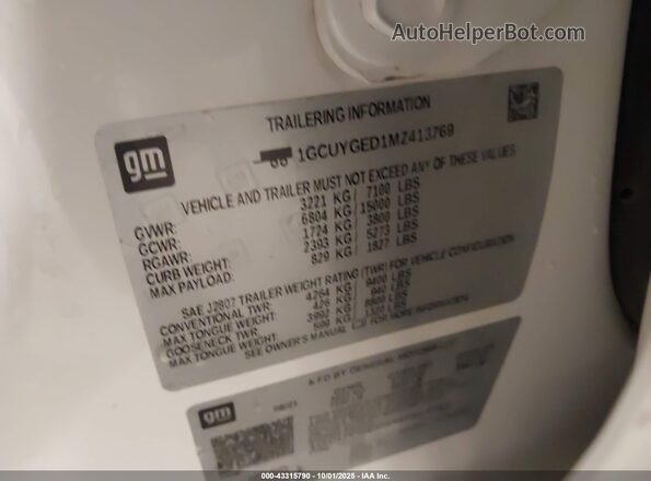 1GCUYGED1MZ413769 2021 CHEVROLET SILVERADO White 
