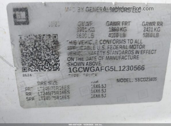 1GCWGAFG5L1230566 2020 CHEVROLET EXPRESS White Вид підкапотного простору