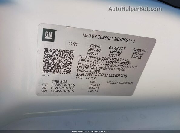 1GCWGAFP1M1168388 2021 CHEVROLET EXPRESS White Вид підкапотного простору