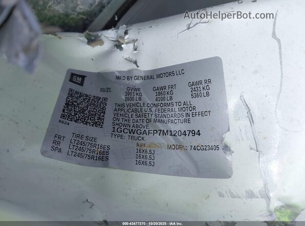 1GCWGAFP7M1204794 2021 CHEVROLET EXPRESS White Вид підкапотного простору