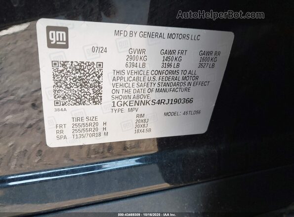 1GKENNKS4RJ190366 2024 GMC ACADIA Черный Вид подкапотного пространства