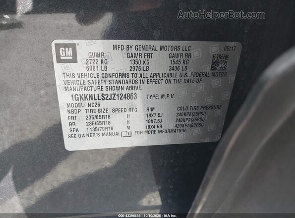 1GKKNLLS2JZ124863 2018 GMC ACADIA Gray 