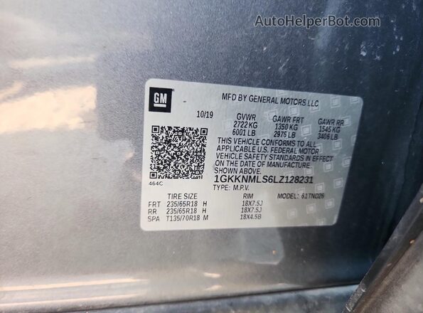 1GKKNMLS6LZ128231 2020 GMC ACADIA Серый Вид наклейки с VIN-кодом