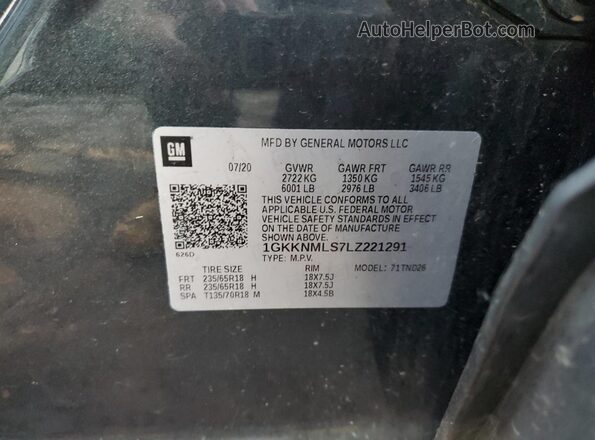 1GKKNMLS7LZ221291 2020 GMC ACADIA Gray VIN sticker view