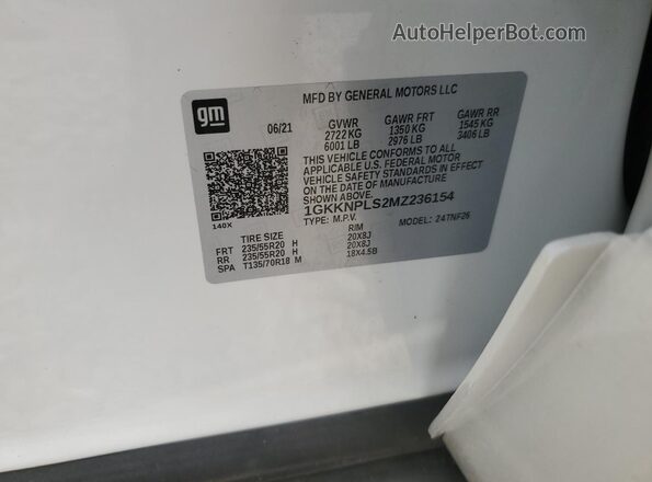 1GKKNPLS2MZ236154 2021 GMC ACADIA White Widok naklejki z numerem VIN