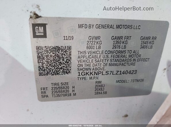 1GKKNPLS7LZ140423 2020 GMC ACADIA White ძრავის განყოფილების ხედი