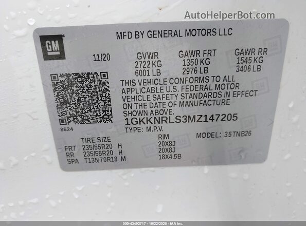 1GKKNRLS3MZ147205 2021 GMC ACADIA White ძრავის განყოფილების ხედი