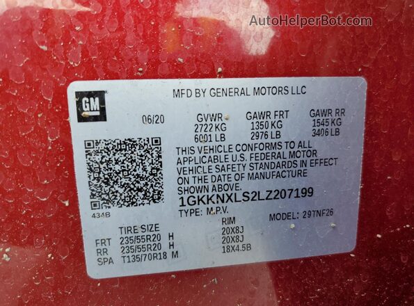 1GKKNXLS2LZ207199 2020 GMC ACADIA Red Вид наклейки з VIN-кодом