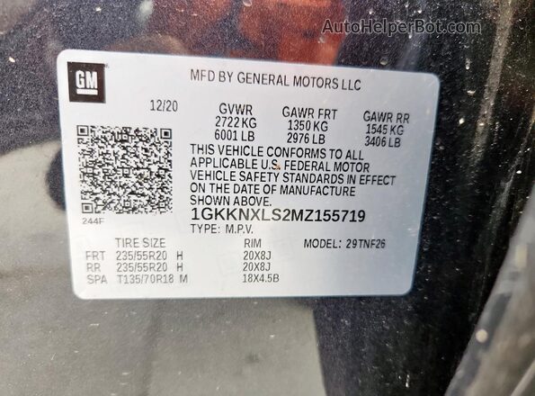 1GKKNXLS2MZ155719 2021 GMC ACADIA Gray Вид наклейки з VIN-кодом