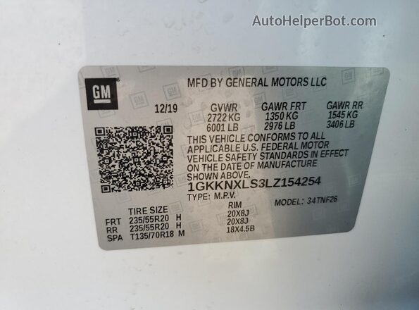 1GKKNXLS3LZ154254 2020 GMC ACADIA White Vista de la etiqueta del VIN