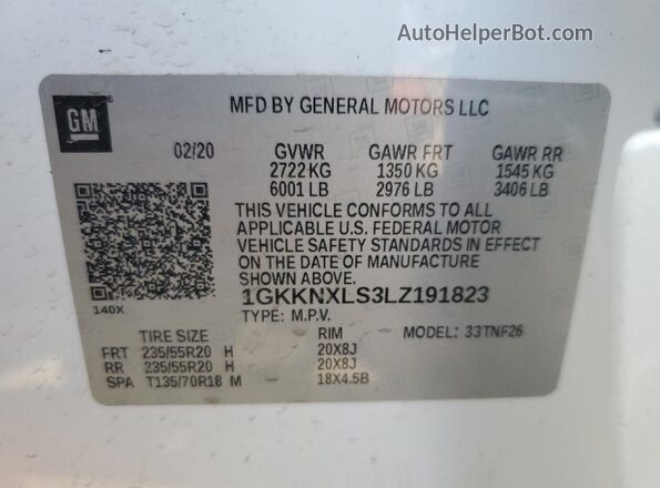 1GKKNXLS3LZ191823 2020 GMC ACADIA White სალონის 360-გრადუსიანი ხედი