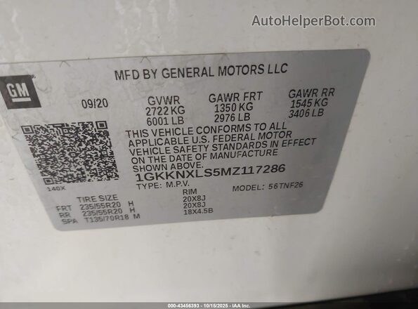 1GKKNXLS5MZ117286 2021 GMC ACADIA White Widok komory silnika
