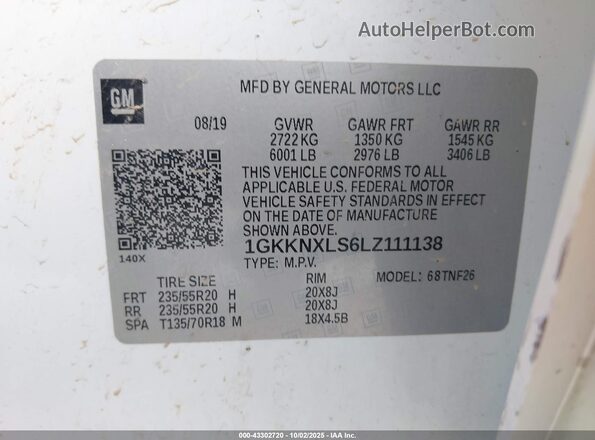 1GKKNXLS6LZ111138 2020 GMC ACADIA White Շարժիչի բաժամունքի տեսք