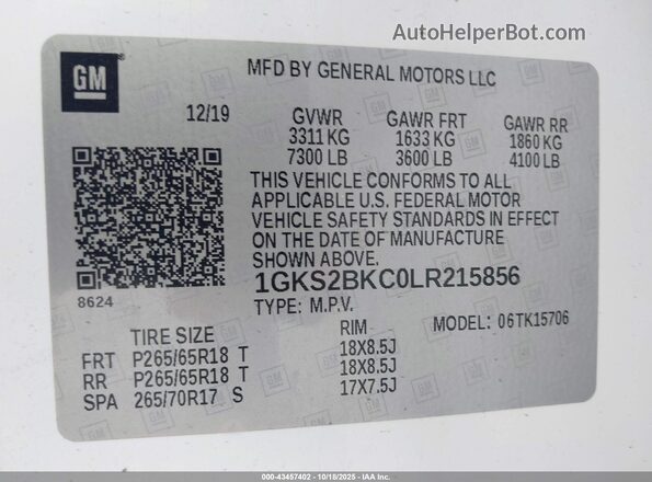 1GKS2BKC0LR215856 2020 GMC YUKON White Engine compartment view