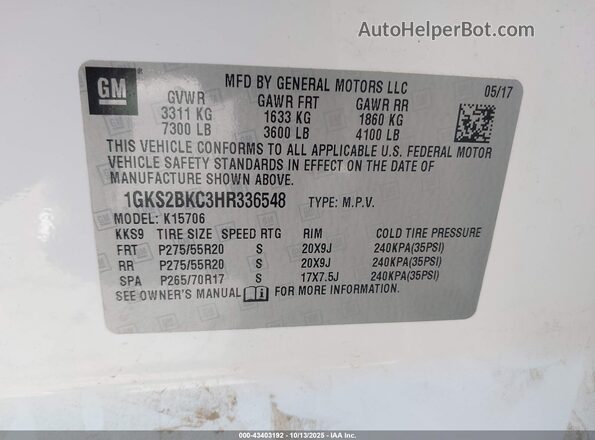 1GKS2BKC3HR336548 2017 GMC YUKON White Engine compartment view