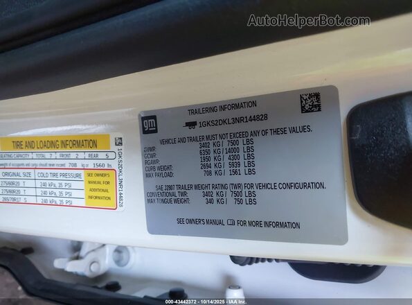 1GKS2DKL3NR144828 2022 GMC YUKON White 