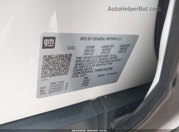 1GKS2DKL7NR141298 2022 GMC YUKON White Вид підкапотного простору