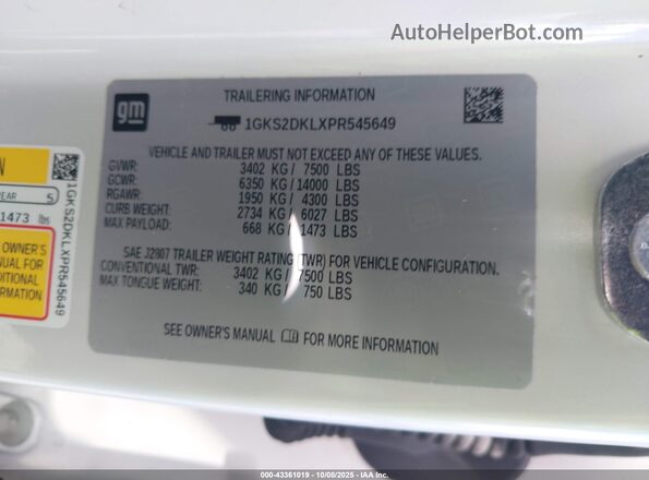1GKS2DKLXPR545649 2023 GMC YUKON White Vista del compartimento del motor