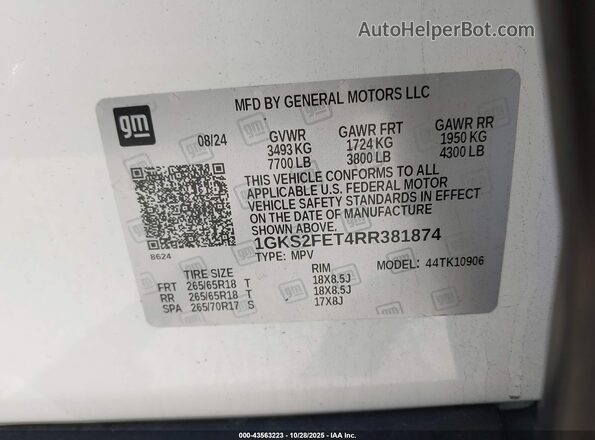 1GKS2FET4RR381874 2024 GMC YUKON White Շարժիչի բաժամունքի տեսք